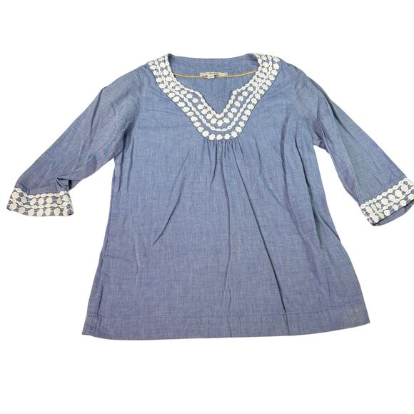 Boden Tops - Boden womens chambray blouse white crochet collar, cuffs. Size 8. boho, vacation